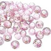 COGCHARGER 50 Pcs 12mm Handmade Gold Sand Lampwork Beads Flower Round Rondelle Glass Beads 2 Styles for Bracelets Necklaces Earrings Jewelry Crafts Making (Pink)