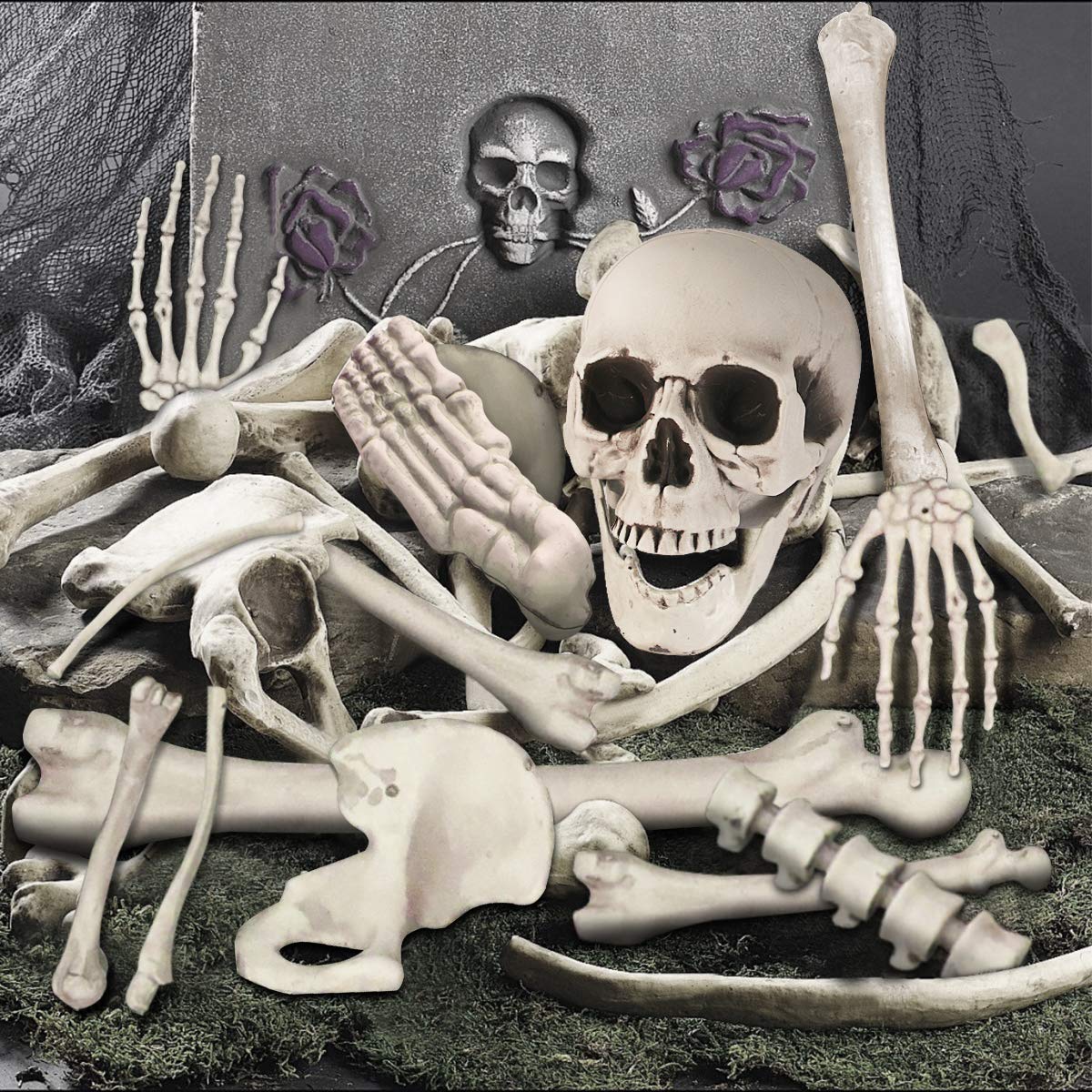 Photo 1 of 35PCS Skeleton Bones Skull Halloween Decoration - Bag of Plastic Bones Scary Props Skeleton Decor - Life Size Skeleton Bones Decor for Halloween Graveyard Haunted Houses Outdoor Indoor