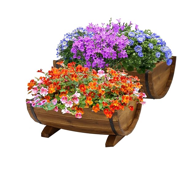 IDZO SOLID ACACIA WOOD HALF BARREL PLANTERS OUTDOOR...