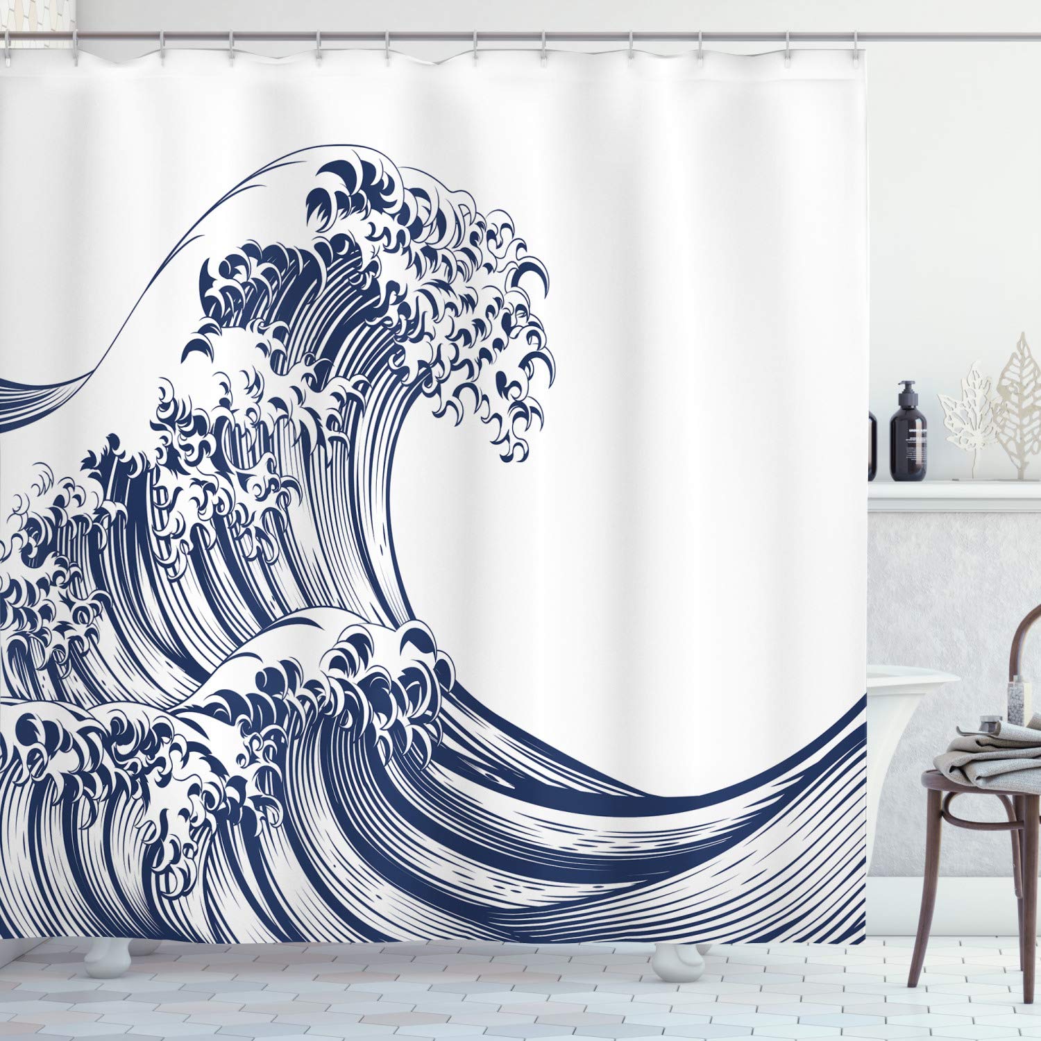 ABAKUHAUS Japanese Wave Shower Curtain, Oriental Vintage Wave Monochrome Kanagawa Inspired Antique Art, Cloth Fabric Bathroom Decor Set with Hooks, 175 x 200 cm, Navy Blue White