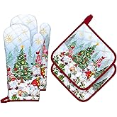 Arquiel Christmas Winter Gnomes Oven Mitts and Pot Holders Sets 4Pcs, 100% Cotton Heat Resistant, Extra Long Oven Gloves Potholder for Kitchen Cooking Baking Decoration