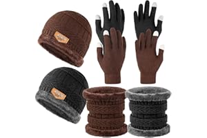 suoundey 6Pcs Kids Winter Beanie Hat Neck Warmer Scarf Touchscreen Gloves 3-in-1 Winter Knitted Warm Set for 5-14 Years Boys Girls(Black & Brown)