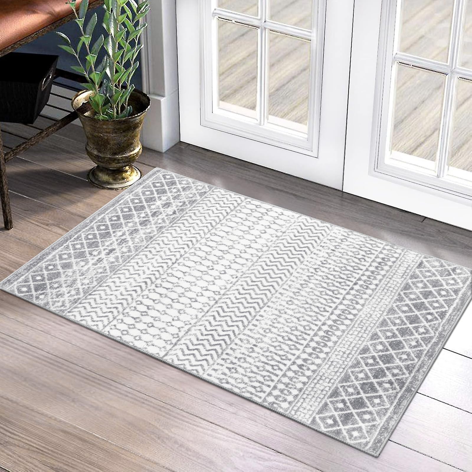 Photo 1 of Nailttos Moroccan Washable Rugs, 2x3 Grey Rug Non-Slip Small Distressed Entryway Rugs, Soft Low-Pile Bedroom Rug Indoor Doormat Carpet for Entryway Kitchen Bathroom
