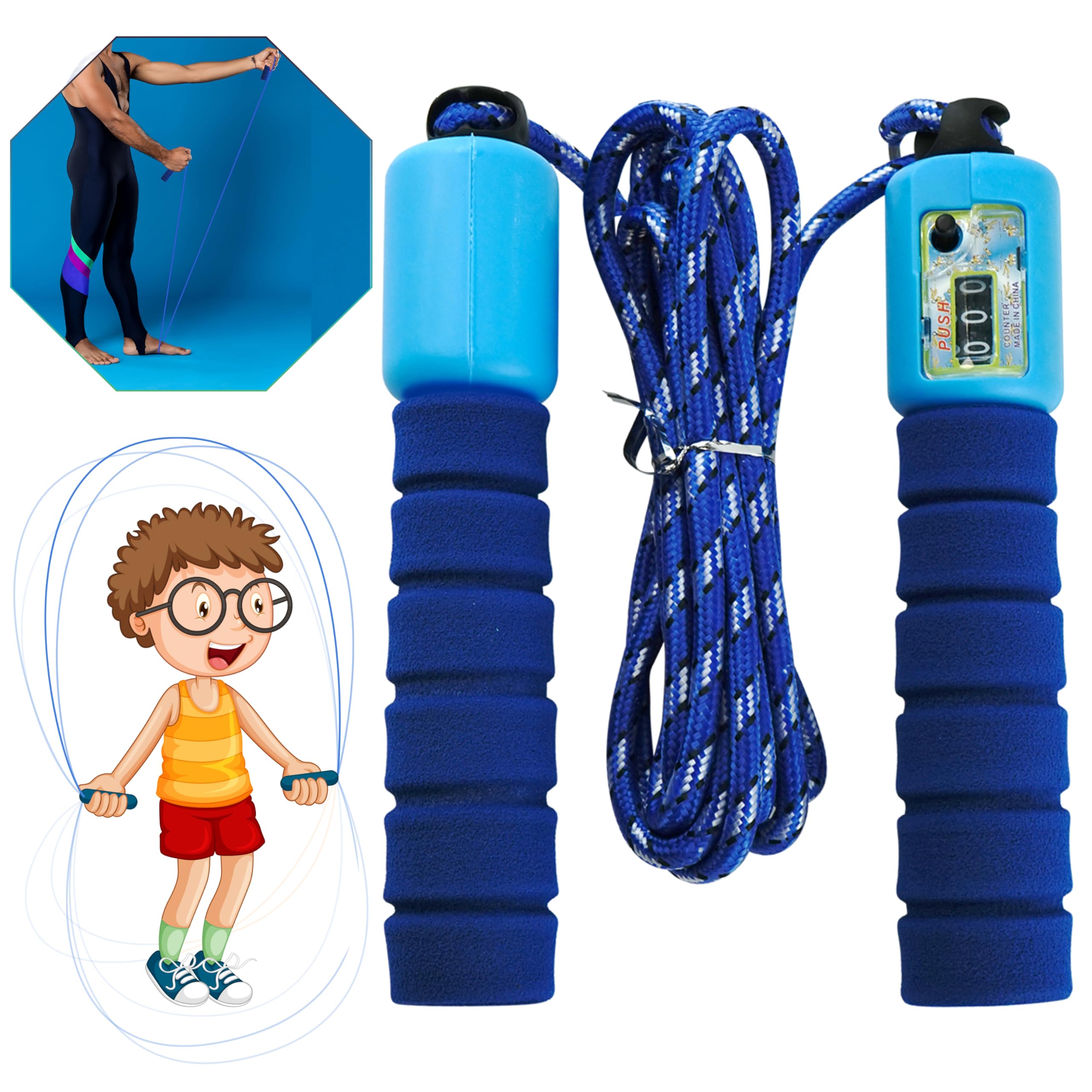Adjustable Skipping Rope with Counter, Blue Jump Rope for Kids & Adults, 2.6M Speed Rope for Fitness, Boxing, CrossFit, Weight Loss, EVA Foam Handles, Home Gym Exercise Tool