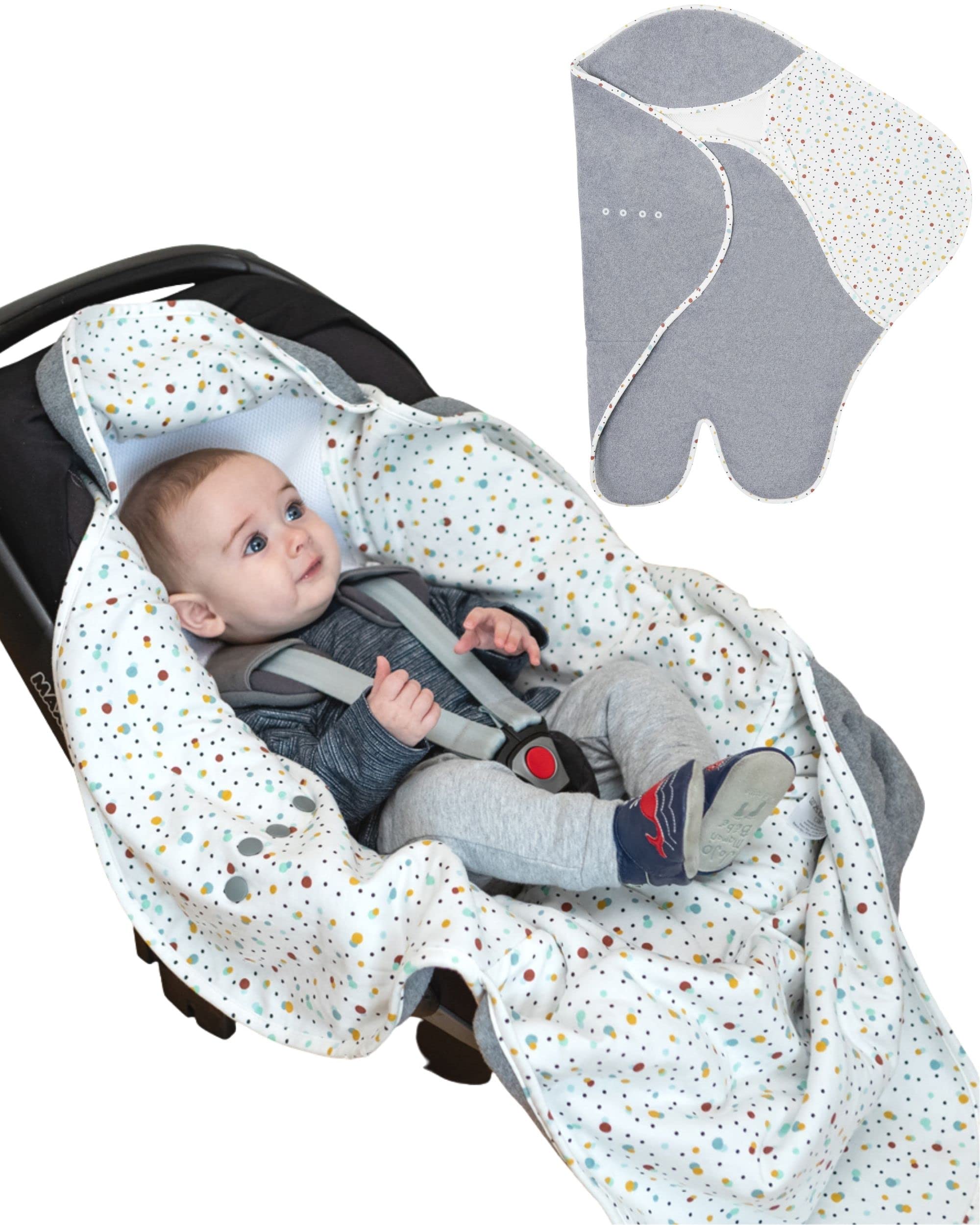 PurFlo Cosy Wrap Travel Blanket | Luxury Cotton Lining & Soft Fleece Outer | Breathable Car Seat & Pram Star Blanket | Safer Alternative to a Loose Baby Car Seat Blanket | 0-9 Months | Scandi Spot
