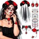 Hicarer 5 Pcs Day of The Dead Costume Women, Catrina Makeup Accessories Set | Flower Veil Headband, Lace Choker, Earrings, Bracelet, Sugar Skull Face Stickers, Dia De Los Muertos Halloween Party Costume