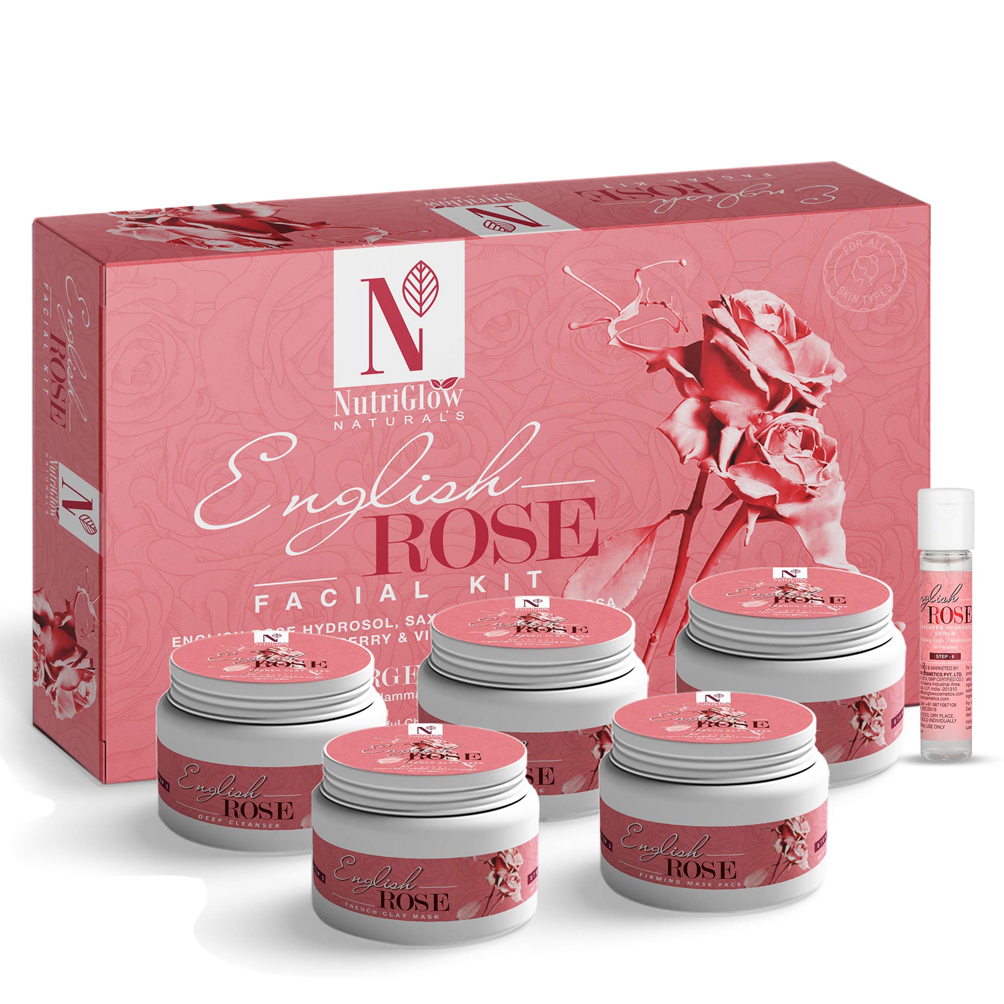 NUTRIGLOW Natural's English Rose Hydrosol Facial Kit - Natural 100% Organic, Anti-Aging, Skin Care Set For Massage and Skin Rejuvenation - Soothes Skin (8.5 OZ + 0.3 FlOz) 250gm + 10ml