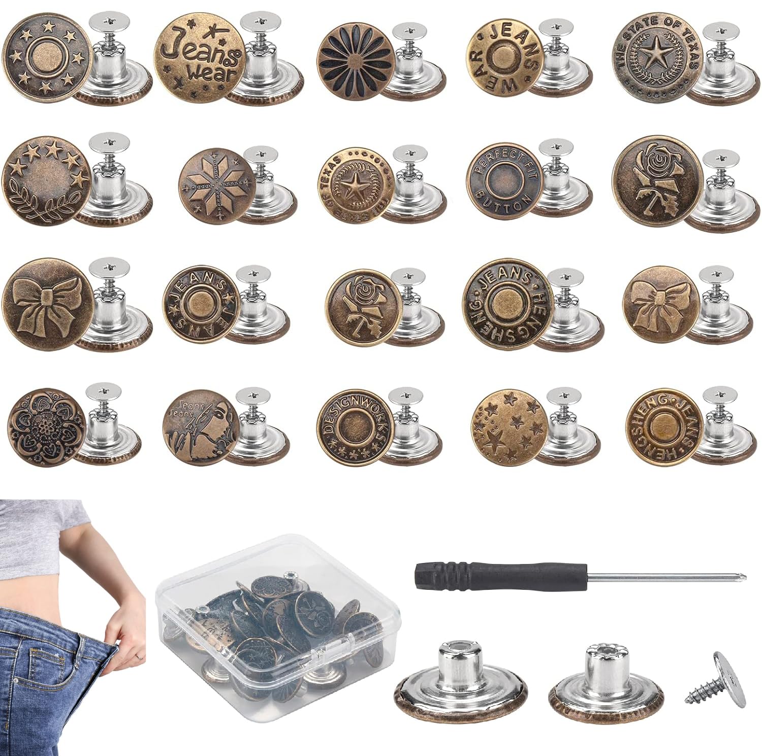 RSXING 24 Sets of Jeans Buttons, 17 mm and 20 mm, Replacement Jeans Buttons, Immediately Removable Trouser Button pins Without Sewing, Removable Metal Button for Extending or reducing the Waist Width