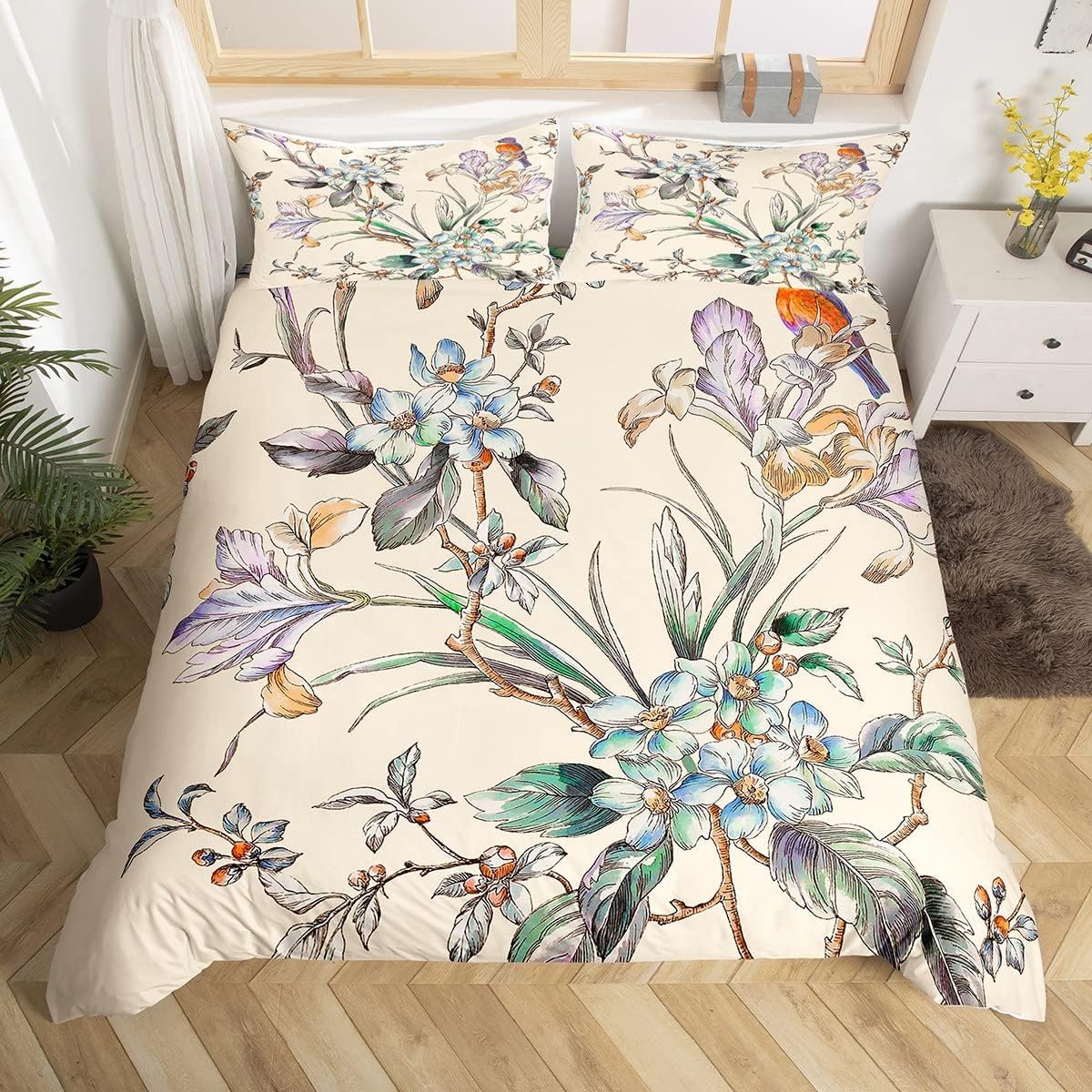 Manfei Vintage Floral Duvet Cover Set Single Size, Watercolor Leaves Flowers Birds Bedding Set for Kids Girls Bedroom Decor, Botanical Plants Comforter Cover Soft Polyester Quilt Cover, 2 Pillowcases — image 1