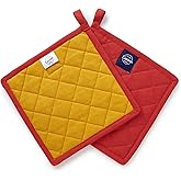 Encasa XO Heat Resistant Cotton Pot Holders with Hanging Loop - Set of 2 - Mango - Multipurpose Quilted Everyday Hot Pad for Kitchen, Camping, BBQ & Microwave - 8x8 in