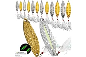 DAMIDEL 12Pcs/Box Fishing Spoon Silver Gold Colour ，6 Sizes 0.9oz/ 0.7oz /0.52oz/0.36oz/0.25oz/0.19oz Mixed Pack，Luminous/Spinning 2 in 1 for Trout,Bass,Pike,Crappie,Strong Fishing Hooks Lures
