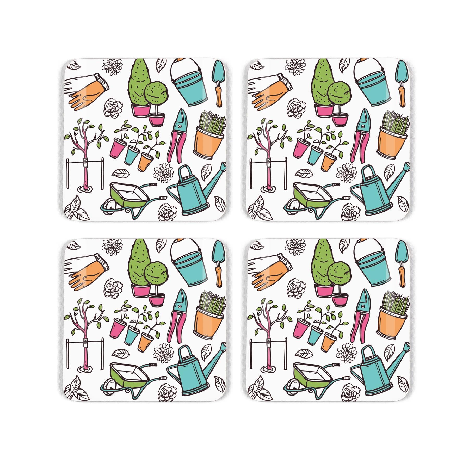 Gardening Cork Coaster Set - Garden Tools & Green Plants Gift - Set of Four (4) Square Drinks Coasters