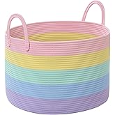 Blanket Basket Living Room, 67L Large Round Storage Basket, Cotton Rope Laundry Baskets & Toy Storage Organizer for Nursery, Bedroom, 20"×13", Light Rainbow