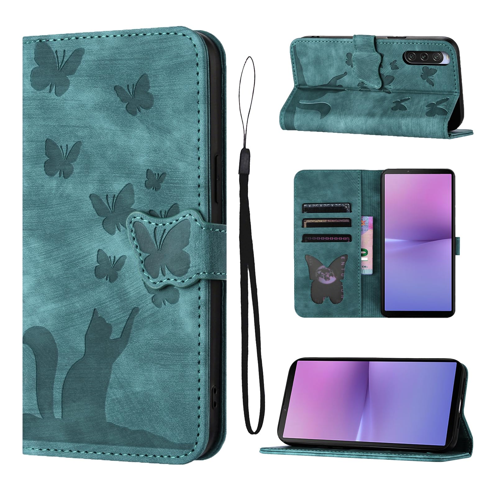 LSPCASA Sony Xperia 10 V Case - Green Cat Butterfly PU Leather Wallet Style with Card Slots & Stand Function — image 1