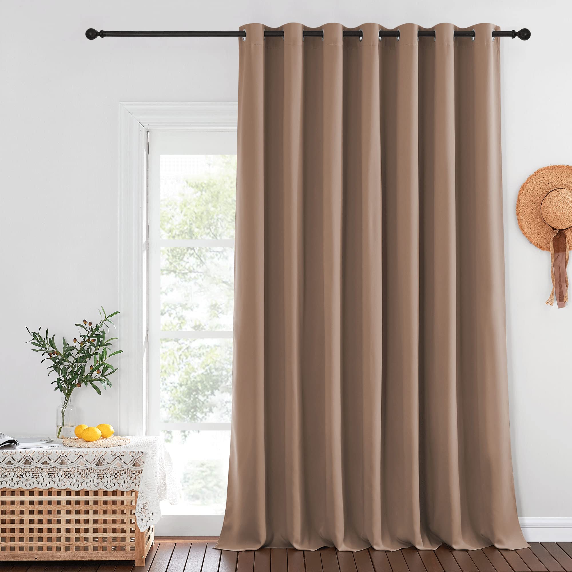 NICETOWN Patio Curtain Room Darkening, Silver Grommet Blackout Window Treatment Thelma Insulated Room Divider Sliding Door Panel for Night Shift, Cappuccino, 1 Panel, 100" W by 120" L Image
