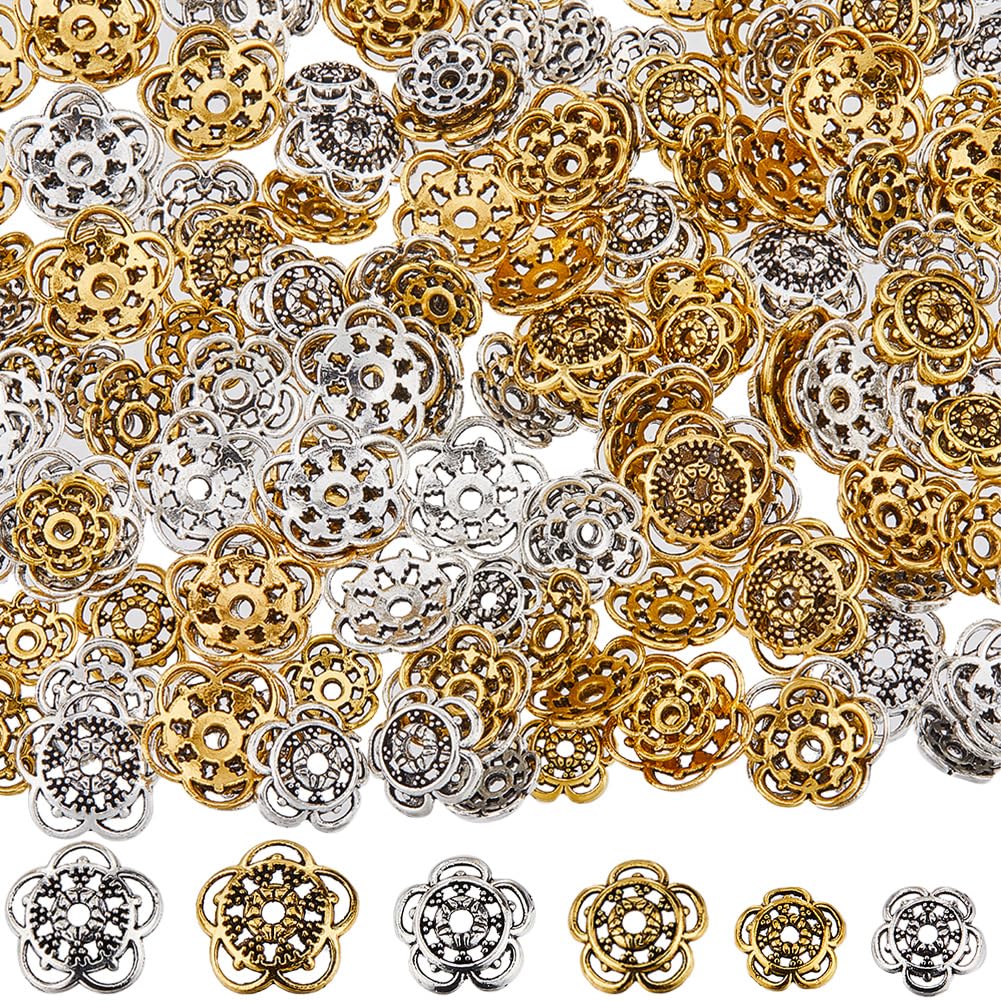 SUNNYCLUE 1 Box 180Pcs 6 Styles Flower Spacer Bead Bulk Metal Flower Bead Caps Large Tibetan Silver Gold Hollow Floral Alloy Retro Bead Caps for DIY Bracelets Necklace Earrings jewellery Making