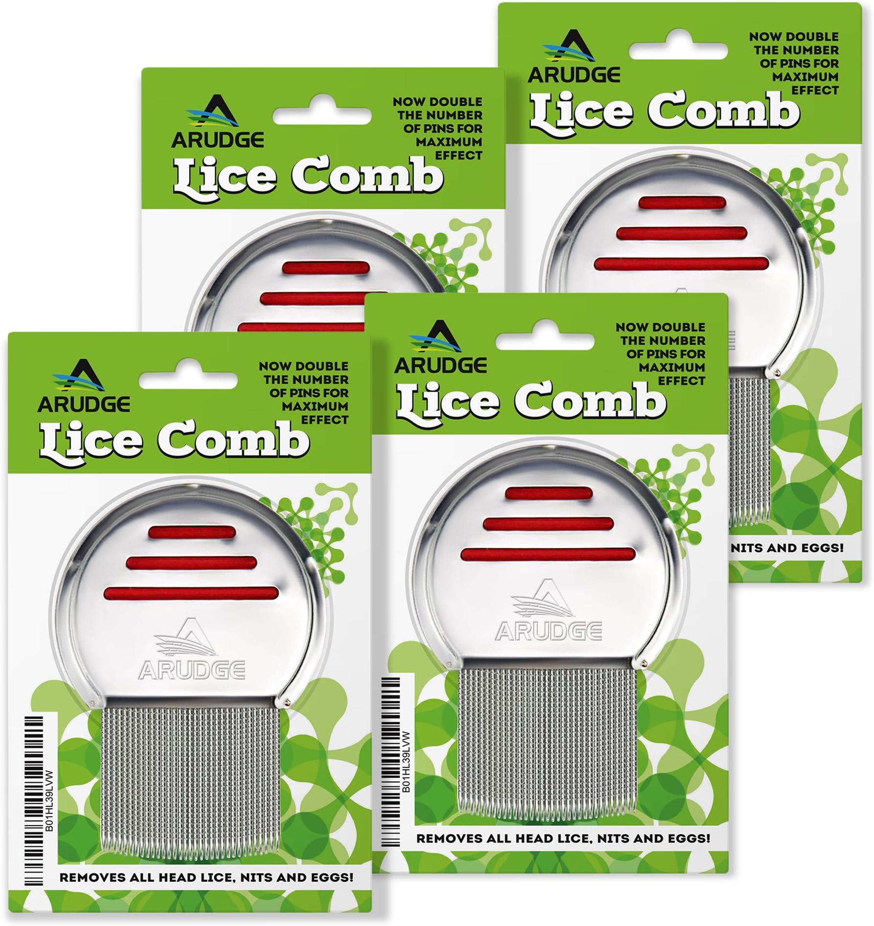 Head Lice Treatment, Egg & Nit Removal Terminator Comb by Arudge – Stainless Steel – Spiral Grooved Teeth – Ergonomic Design with Anti Slip Bands - 4 Pack
