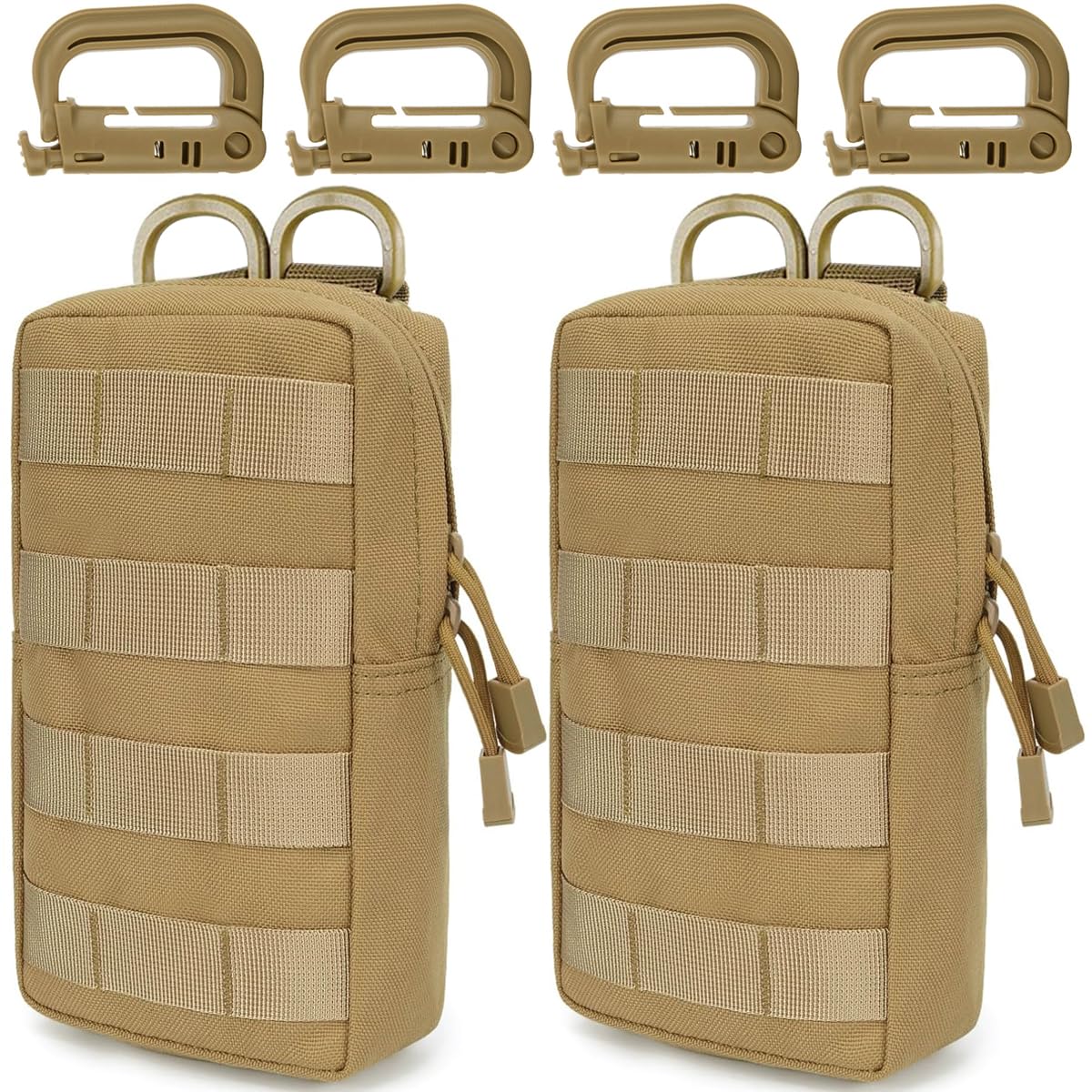 MUCHER 2 Pack EDC Pouch Molle Pouches Tactical Waist Bag Utility Waist Pack with 4 Hooks for Outdoor Hiking Hunting Camping Training (L, Khaki)