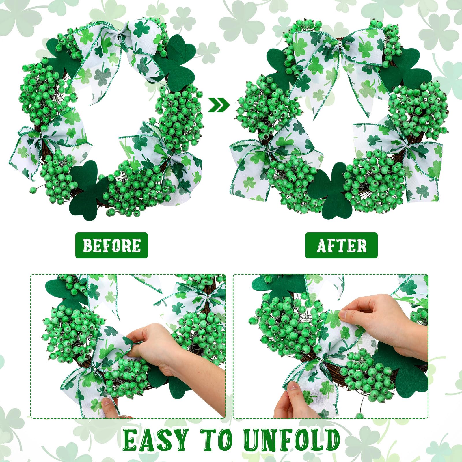Drydiet St. Patrick's Day Decoration Set Include Non Slip Welcome Clover Imitation Coir Doormat Irish Green Shamrock Wreath with Bow for Spring Outdoor Front Door Entrance Home Wall Window Porch Decor - Image 3