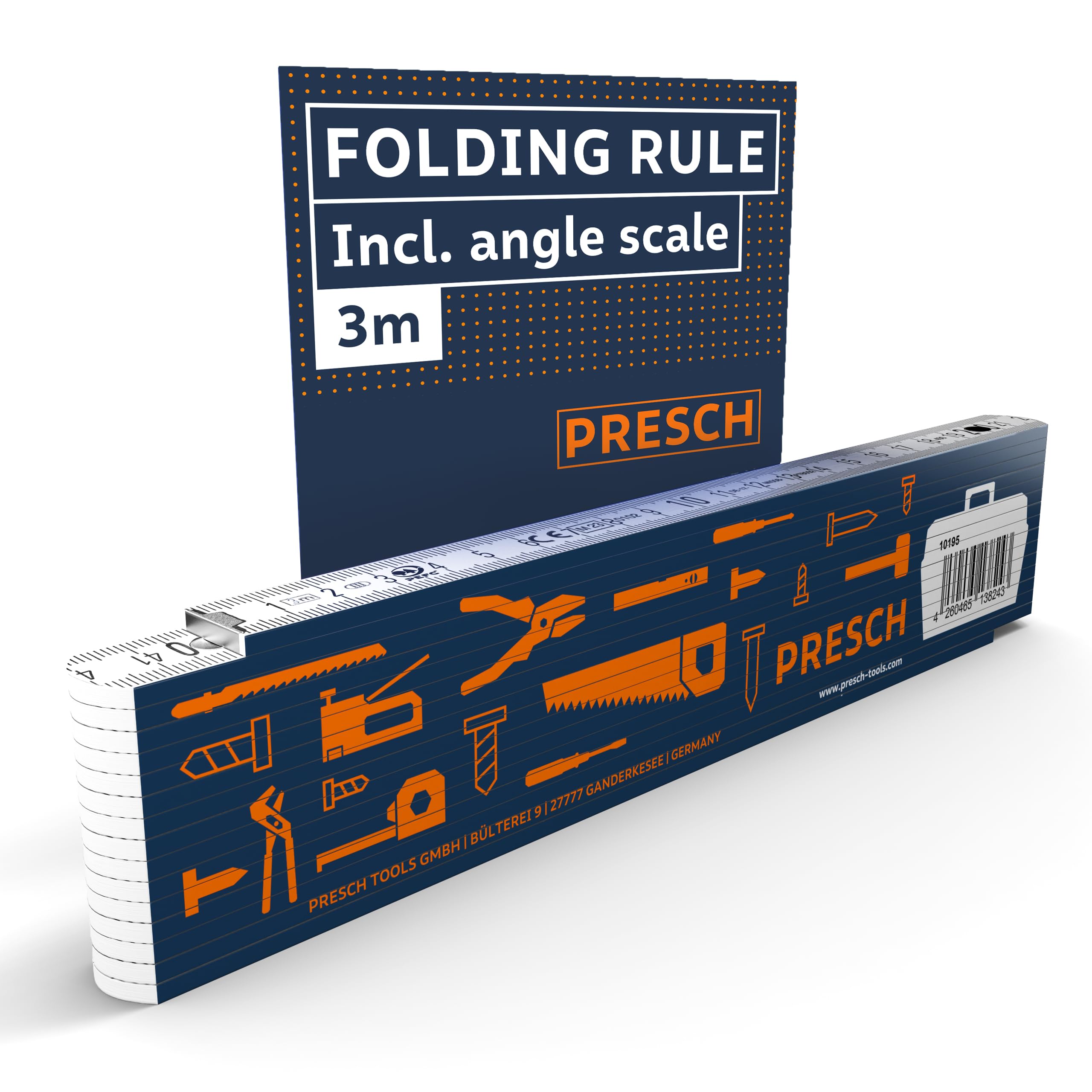 Presch Folding Rule 3m with Angle Scale - Wood - Blue - Foldable - Large & Highly legible Numbers - Precise snapping - Meter Stick, metre Stick, Carpenters Rule, Joiners Rule with Tool Pattern