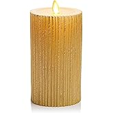 Luminara Metallic Embossed Pillar, Champagne Flameless LED Candle 3.25" x 6.5", Battery Operated Real Flame Technology w/Time