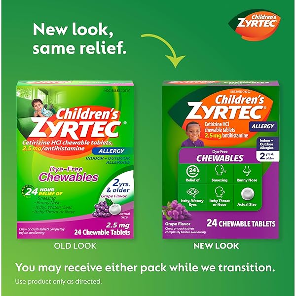 ZYRTEC CHILDREN’S DYE-FREE CHEWABLES FOR 24 HOUR ALLERGY RELIEF, 2.5 MG CETIRIZINE HCL ANTIHISTAMINE TABLETS, KIDS ALLERGY MEDICINE RELIEVES SNEEZING & ITCHY NOSE & THROAT, GRAPE, 24 CT