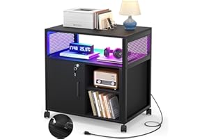 Unikito File Cabinet with LED Lights, Lateral Filing Cabinet with Power Outlets and USB Charging Ports, Mobile Printer Stand with Storage, Office Cabinet for Letter, A4, Legal and File Folders, Black
