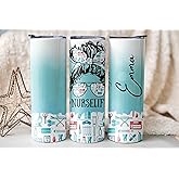 NURSELIFE Tumbler 20 oz Personalized with Lid Straw - Messy Bun Nurse Gift with Icons - Custom Name Skinny Insulated Tumbler - Funny Nursing Student Graduation Gift for Women