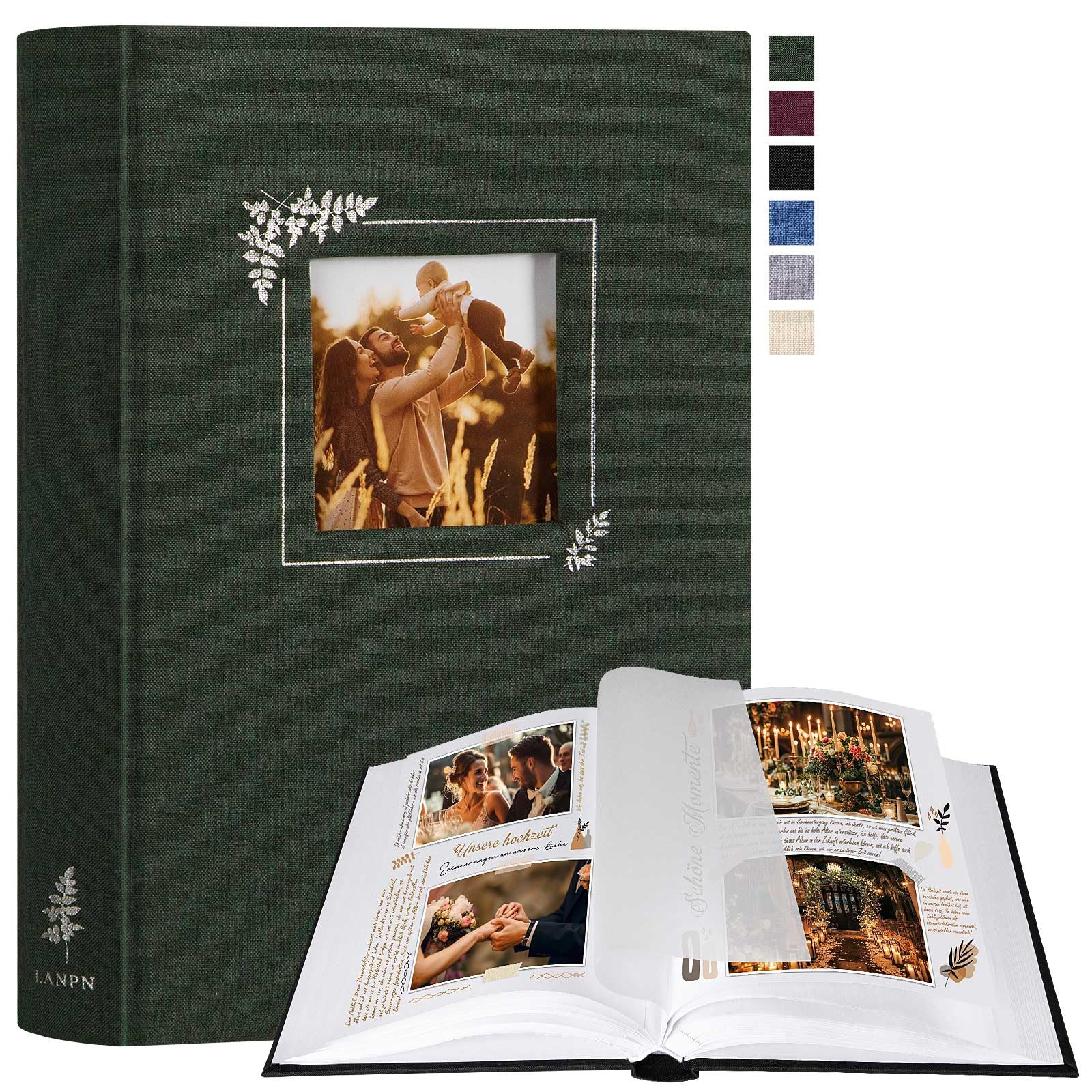 Lanpn Photo Album, Small Linen DIY Window Design, Scrapbook, 60 Blank Pages with Cellophane Dividers for Photos 9 x 13 cm, 10 x 15 cm, 13 x 18 cm (19 x 27 cm, Green)