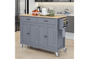 LostCat Kitchen Island with Storage, 54.3" Rolling Kitchen Island Cart with Solid Wood Top, 4-Door Cabinet, 2 Drawers, Spice Rack and Towel Rack, Kitchen Island on Wheels for Dining Room, Grey Blue