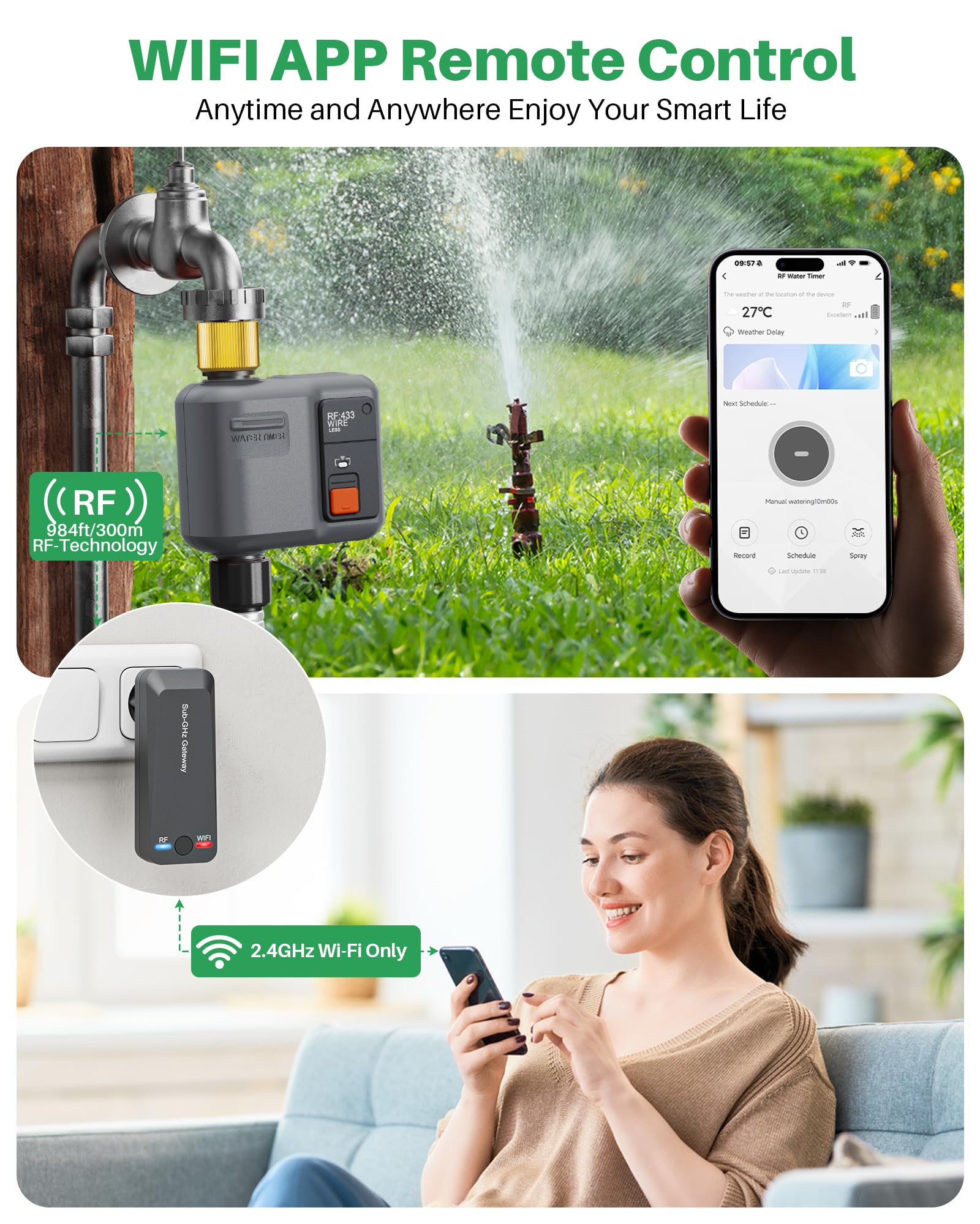 Condition photo showing New/Like New for wifi water timer for garden hose, wifi sprinkler controller with 984ft rf range, strong wall penetra