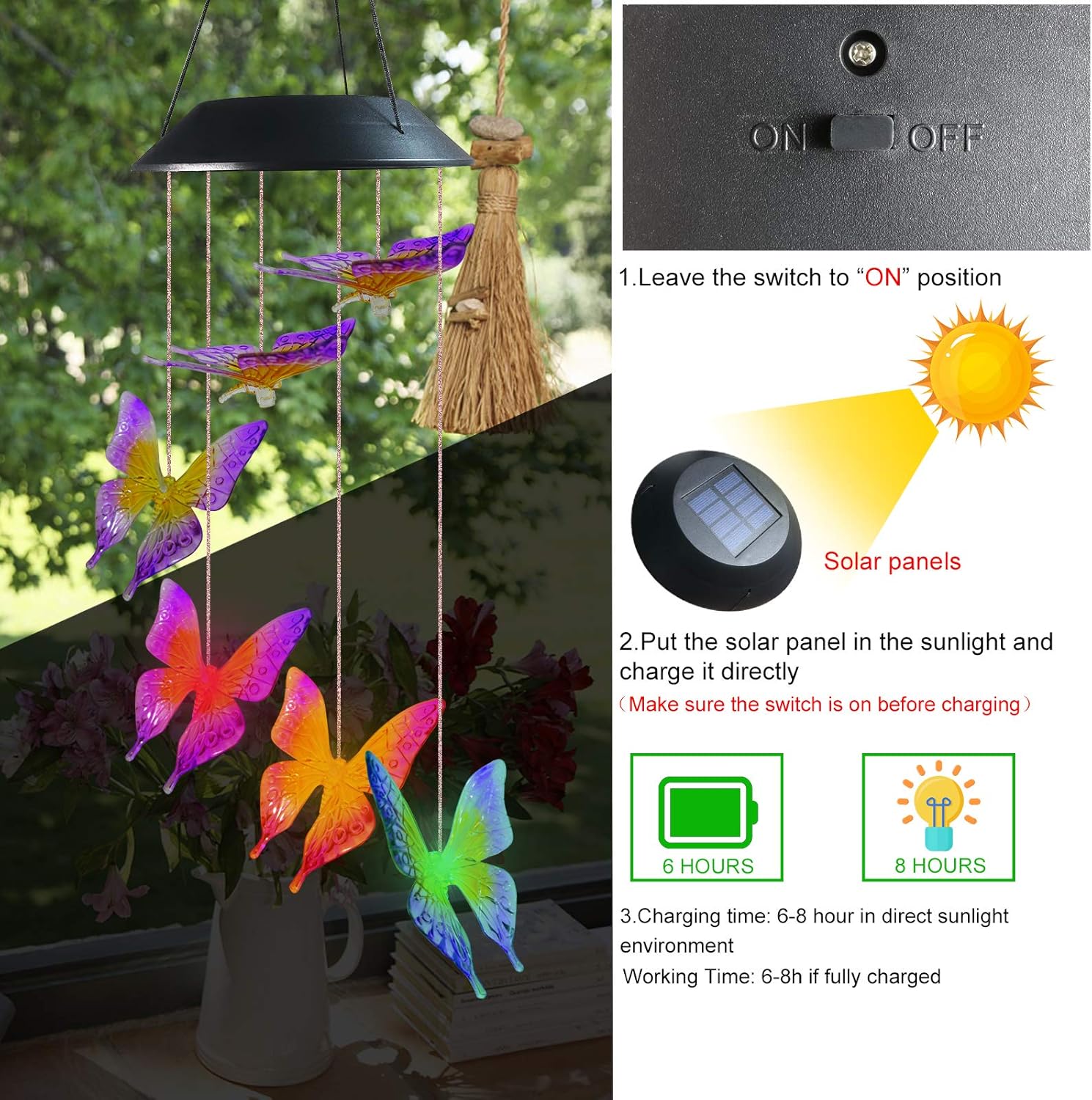 Famiry Solar Butterfly Wind Chimes for Outside, Wind Chimes Colors Changing Six Butterfly Waterproof LED Solar Light, Outdoor Decor for Garden, Patio, Yard, Home(Purple Yellow Butterfly) : Garden & Outdoor