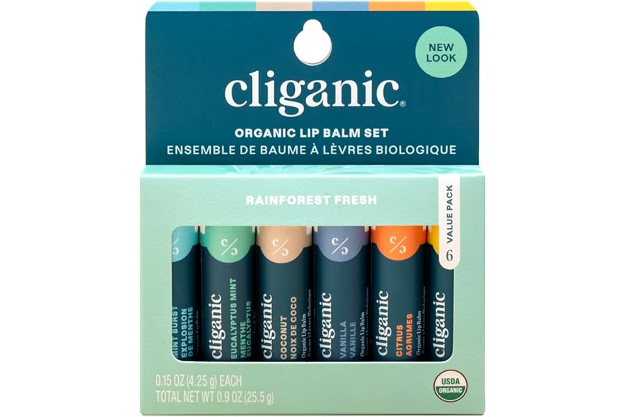 Cliganic Organic Lip Balm Set (6 Flavors) – 100% Natural Hydrating, Moisturizing for Dry Cracked Lips, Stocking Stuffer Gift for Men & Women