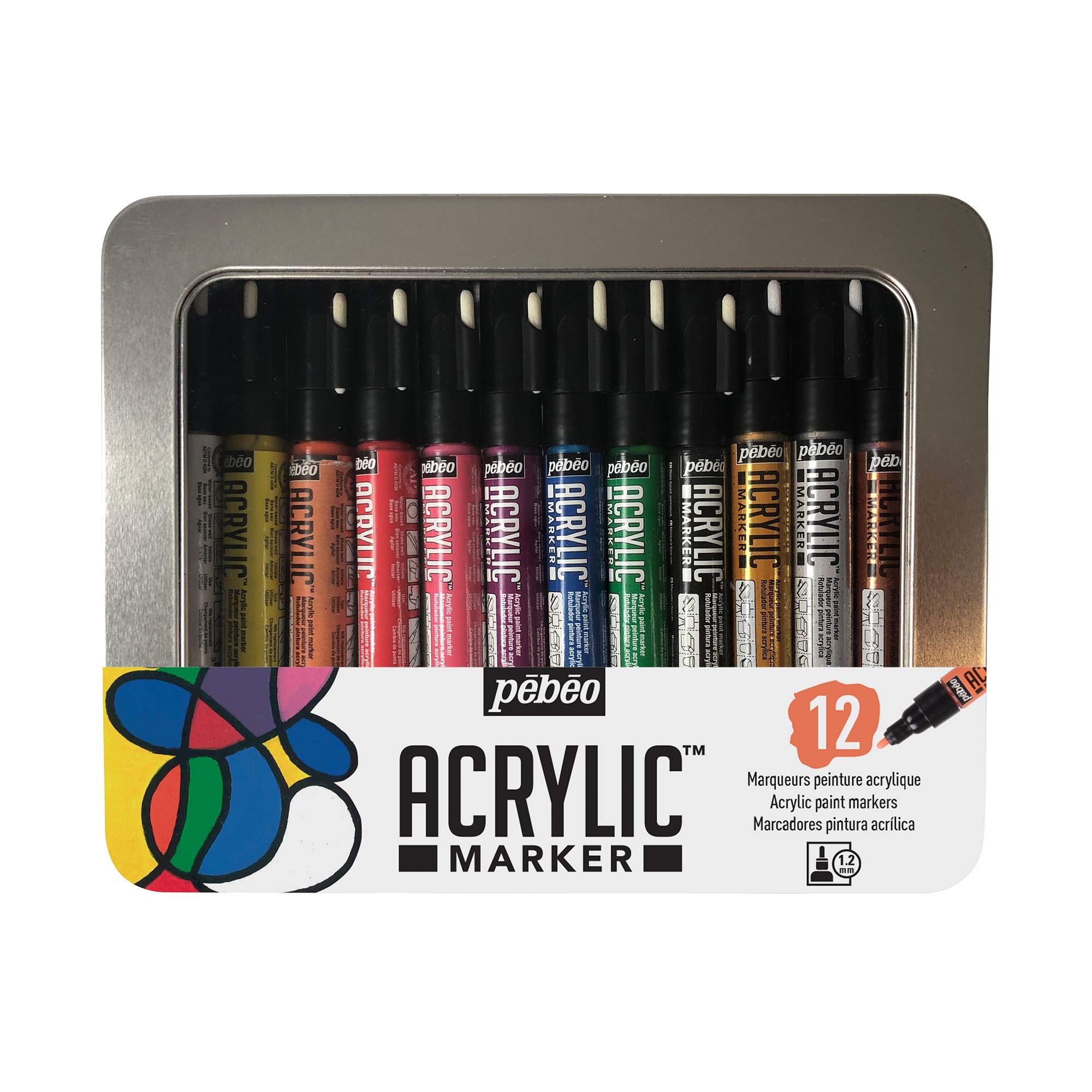 Pébéo Acrylic Marker Set - 12 Acrylic Paint Markers in a Metal Box - Water Based, Permanent - Quick Priming and Drying - Round Multi-Purpose 1.2 mm Tip