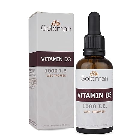 Goldman Vitamin D3 Flüssig • 50ml = 1850 Tropfen • 1 Tropfen = 25µg (1000 I.E.) • In MCT Öl gelöst • Vitamin D3 hochdosiert •
