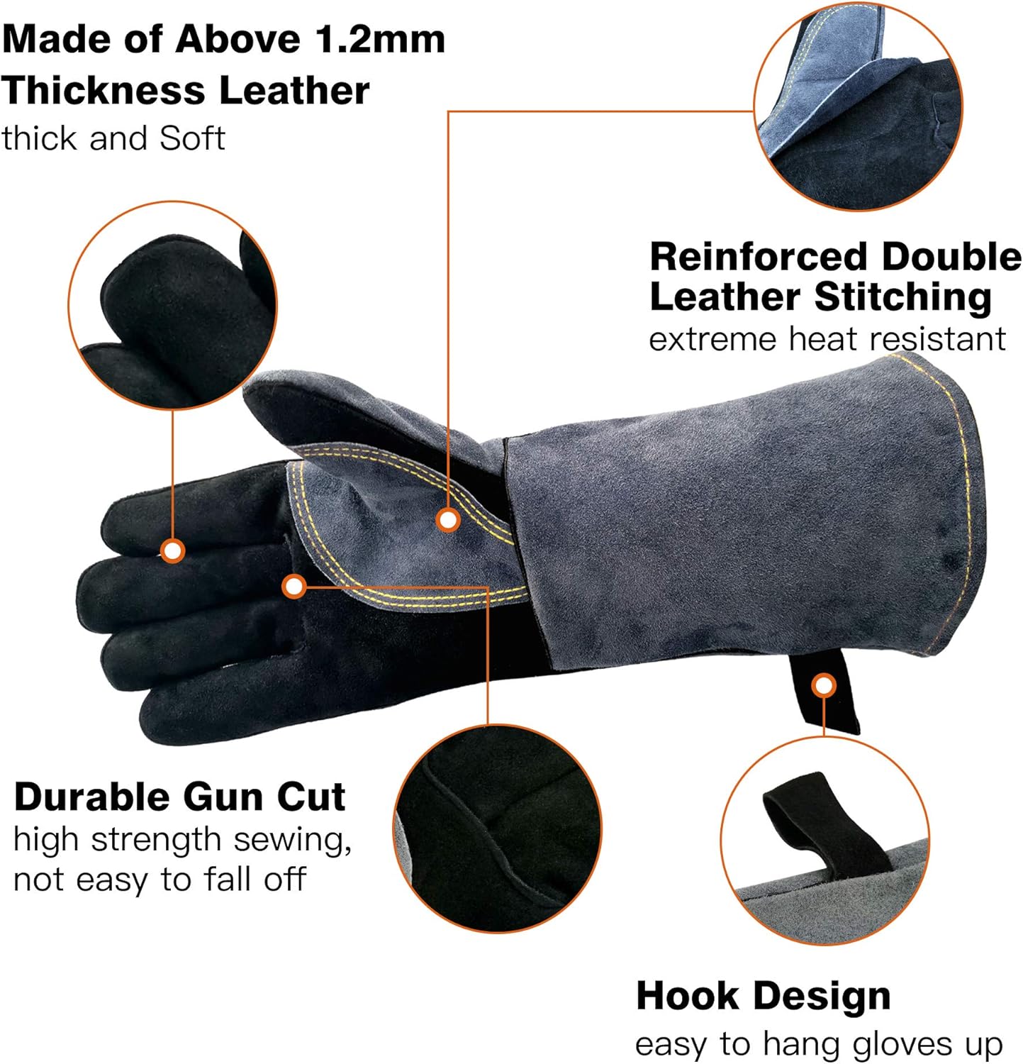 WZQH 16 Inches, 932℉, Leather Forge Welding Gloves, with Kevlar Stitching Heat/Fire Resistant, Mitts for BBQ, Oven, Grill, Fireplace, Tig, Mig, Baking, Furnace, Stove, Pot Holder, Animal Handling Glove.Black-Gray - - 