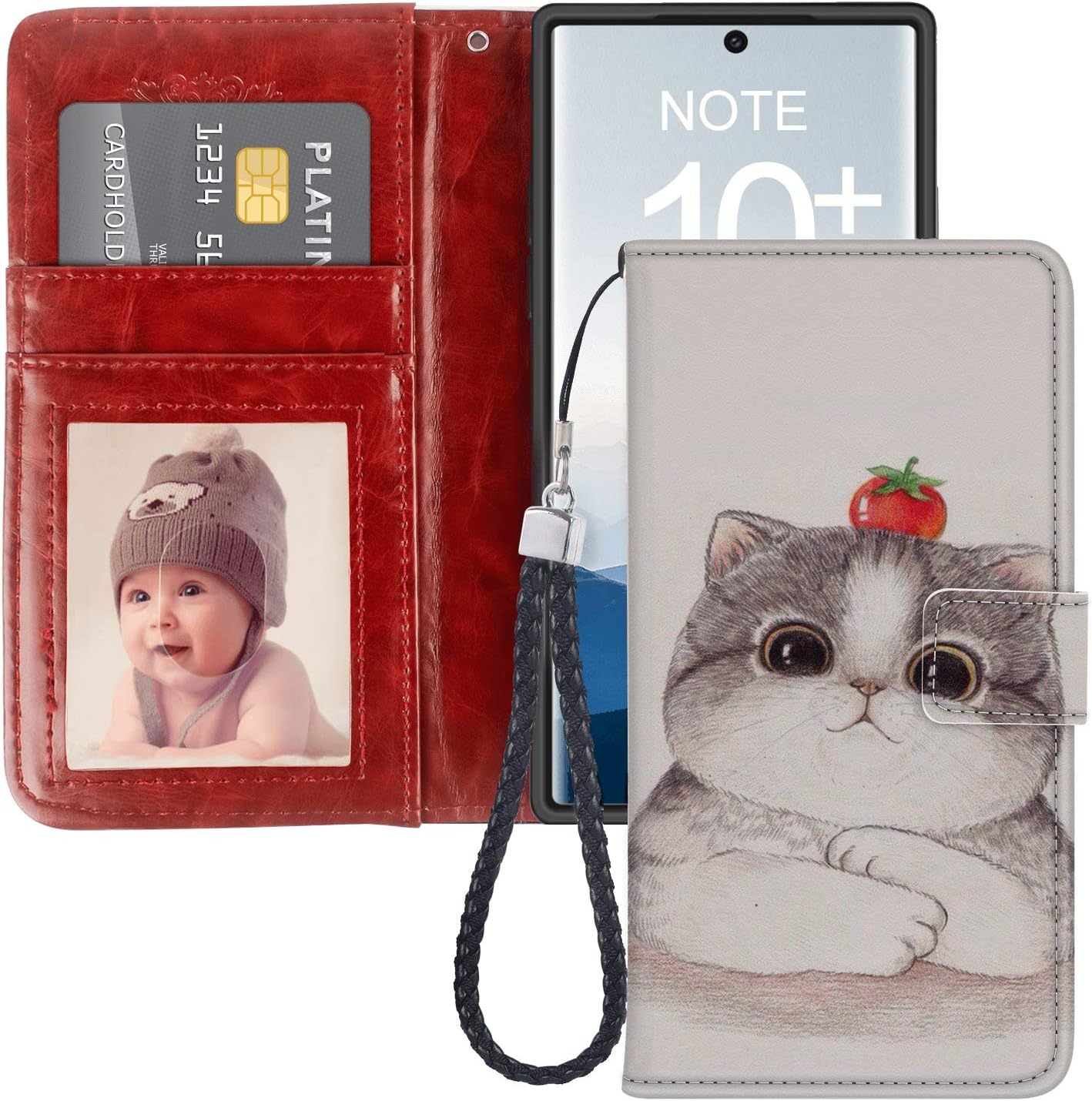 Designed Tomato Cat Samsung Galaxy Note 10 Wallet Case Shockproof Flip Folio Synthetic Leather Magnetic Case for Samsung Galaxy Note 10 with ID Credit Card Pockets Hand Strap