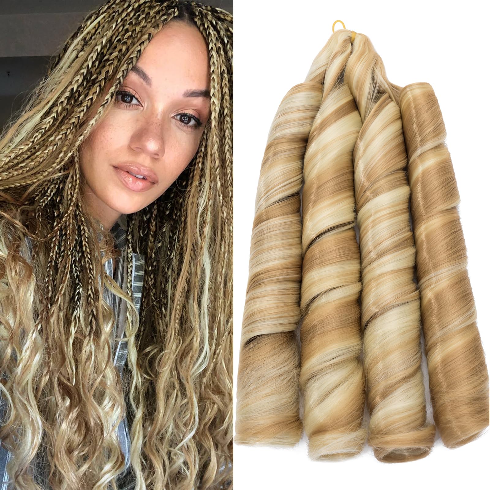 S-noilite French Curl Braiding Hair, 24 inch, 1 Pack, Loose Wavy Spiral Curly Crochet Hair, Deep Wave Synthetic Extensions for Braiding, Pre Stretched Bouncy, Coffee Blonde mix Bleach Blonde