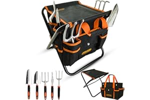 GardenHOME 7-Piece Gardening Tool Set – Stainless Steel Tools with Heavy-Duty Folding Stool and Canvas Tote Bag, Black and Orange – Practical for Men, Gardeners, and DIY Yard Work