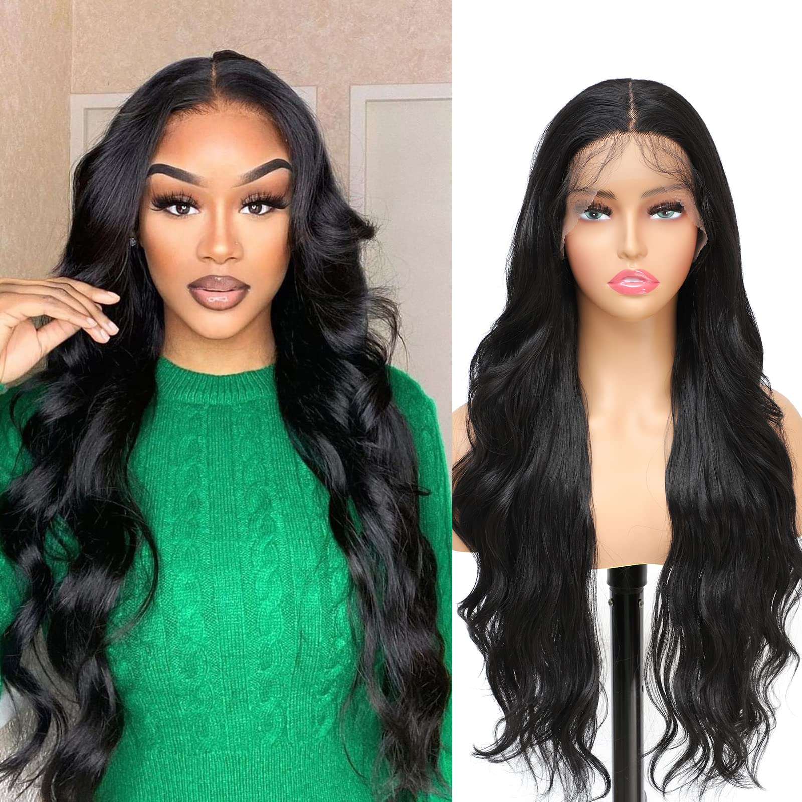 X-Tress 26" Body Wave Lace Front Wig - Synthetic Long Hair Wig for Women - Glueless, Pre-Plucked Baby Hair, Full Layered, Middle Part