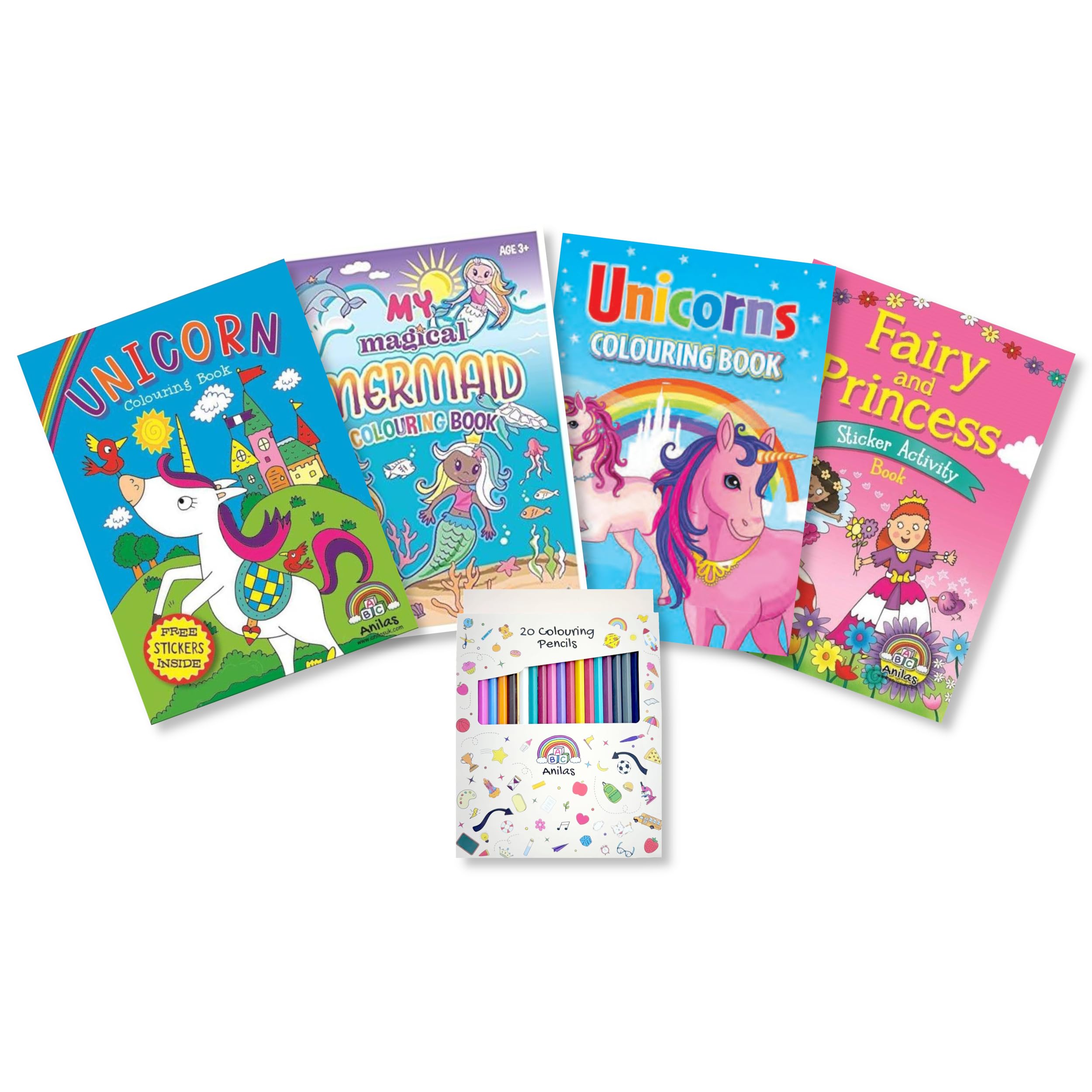 Mermaid, Unicorn and Princess Colouring Books with Sticker and Pencils or Felt Tip Pens (Pencils)