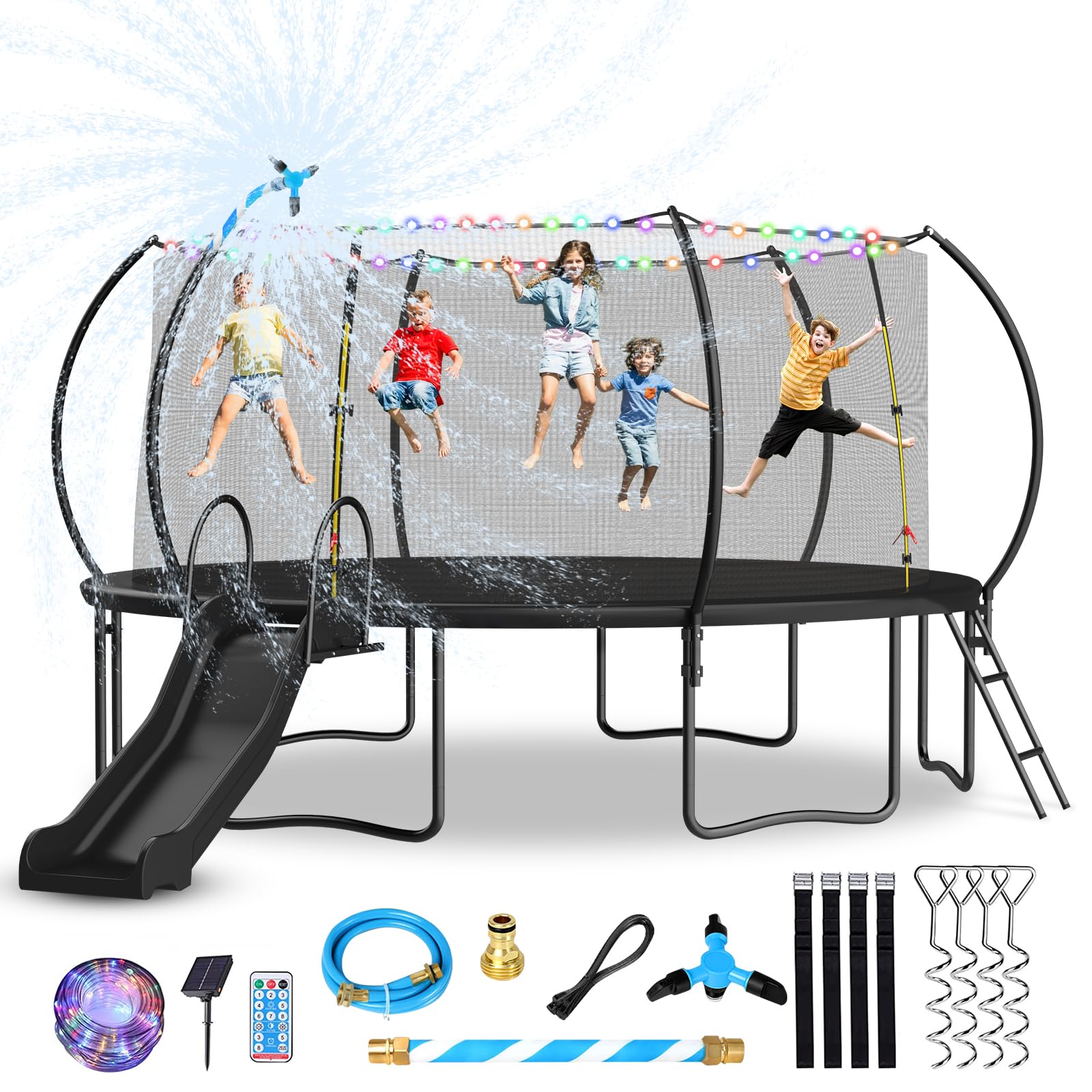 12 14 16FT Trampoline with Slide and Soccer for Kids and Adults, Outdoor Trampolines with Curved Poles, Pumpkin Backyard Trampoline with Slide, Capacity for 5-7 Kids and Adults