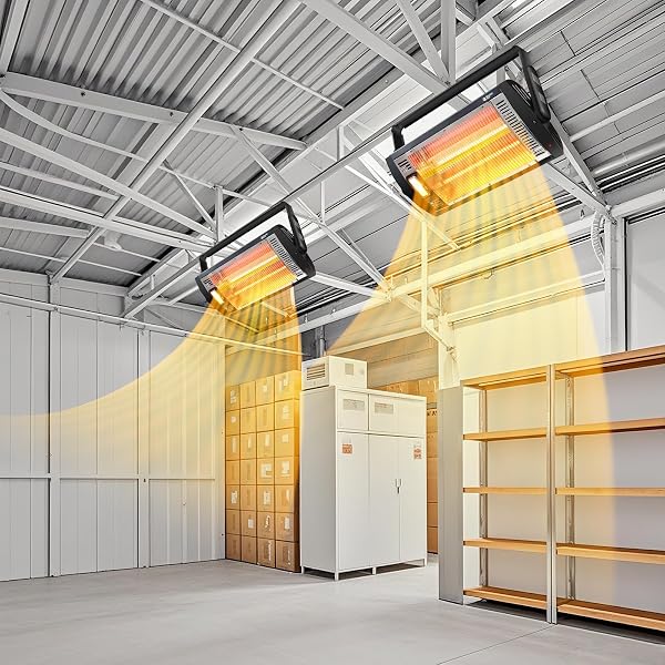 BEYOND HEAT ELECTRIC GARAGE HEATER 120V, 750/1500W CEILING MOUNT SPACE HEATER FOR GARAGE, SHOP, PATIO WITH 90° ADJUSTABLE TILT, DUAL QUARTZ RADIANT, SAFETY METAL GRILLE AND OVERHEAT PROTECTION, 1-PACK