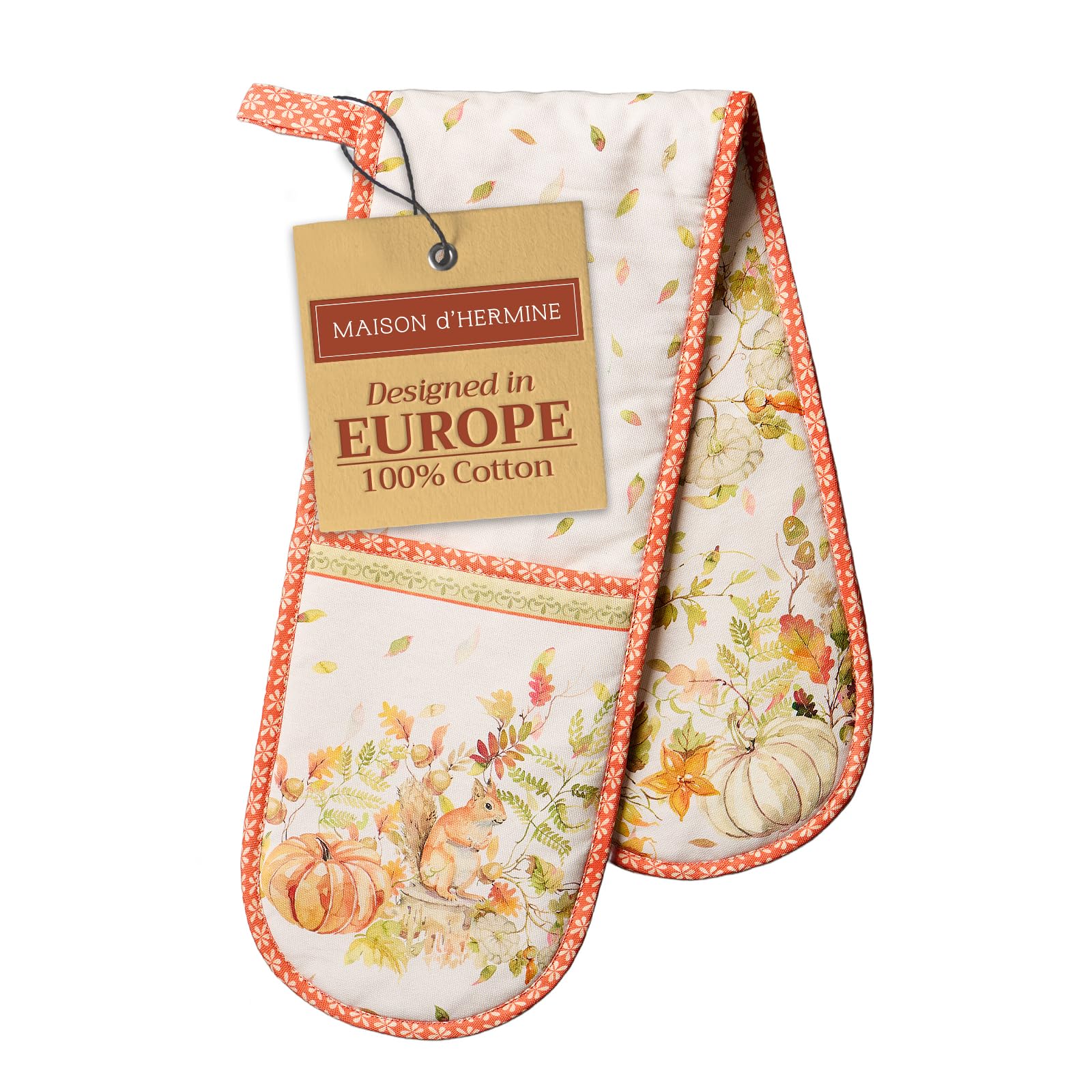 Maison d' Hermine Double Oven Mitt (18 cm x 89 cm) 100% Cotton Heat Resistant BBQ Cooking Gloves with Loop for Christmas Decorations Baking Cooking Barbeque Handling Hot Pan (Pumpkin Passion)