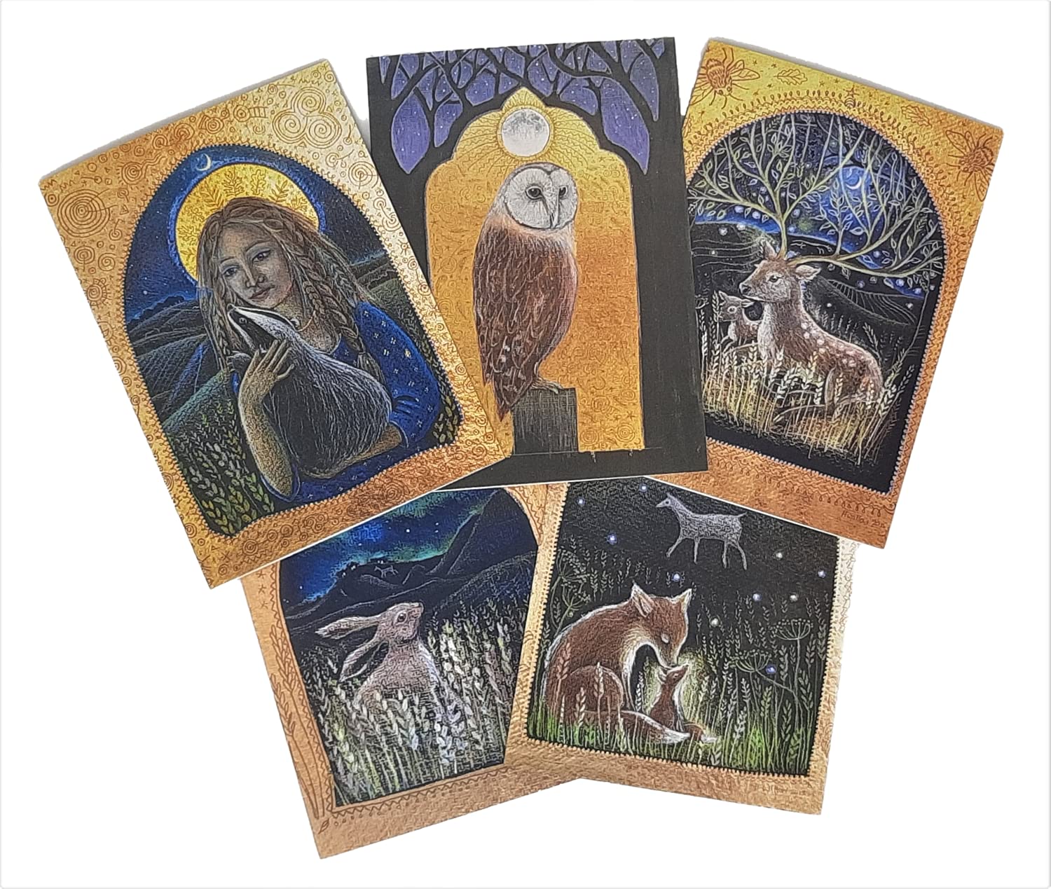 The Beautiful Moon by Hannah Willow - UK Made Pack of 5 Art Greetings Cards- Owl, Doe and Fawn, Hare, Horse and Fox - Animals - Birthday Cards