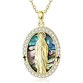 AXOMY Saint Necklace 925 Sterling Silver Christopher Armor of God/Virgin Mary/7 Arcangel/Joan of Arc/Serenity Prayer Hands Pendant Necklace Abalone Shell Patron Amulet Religious Jewelry Gift Women Men