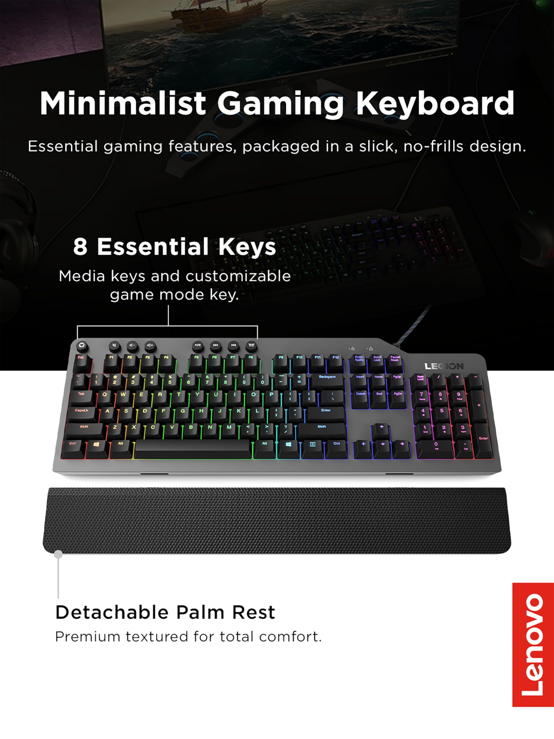 Lenovo GY40T26478 Legion K500 RGB Mechanical Gaming Keyboard, 3 ZONE Full-size Keyboard, 7 user Programmable Hot Keys; 16.8 Million Colors, 50 Million-Click Red Mechanical Keys, Detachable Palm Rest