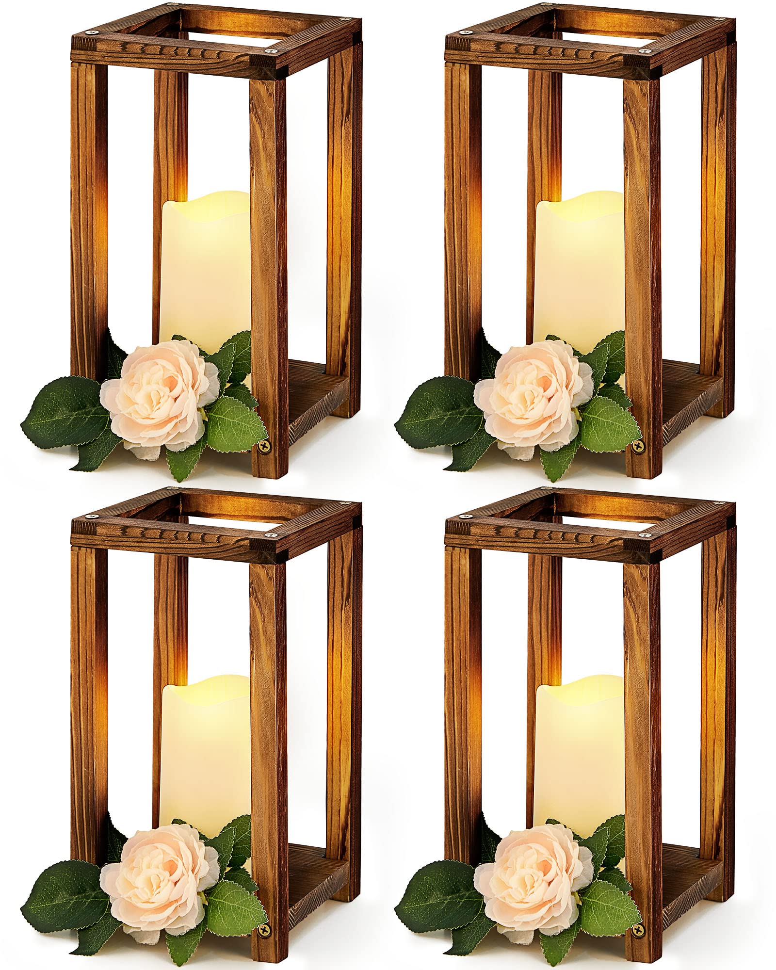 Photo 1 of Huquary 8 Pcs Wooden Wedding Lantern Centerpiece for Table Decoration Includes 4 Farmhouse Candle Holder and 4 Flameless Decorative LED Candles for Rustic Home Wedding Decor(Dark Brown)
