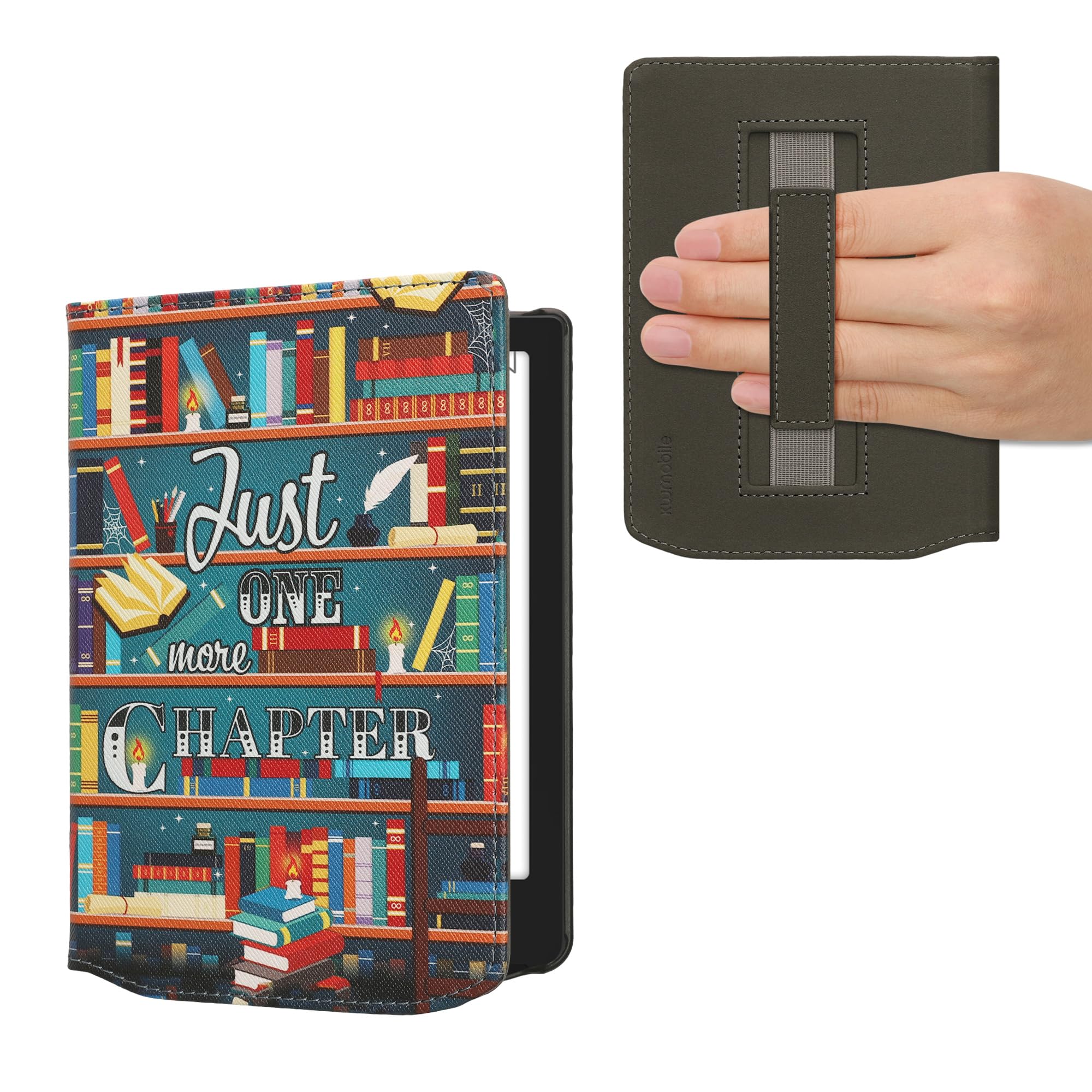 kwmobile Case Compatible with Pocketbook Verse/Verse Pro/Verse Color/Vivlio Light/Light HD Case - PU Cover w/Strap - Library Motto Multicolor