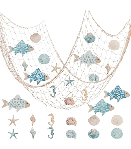 Amazon.com: uxcell Natural Shell Decorative Fishing Net 40"x80"  Mediterranean Style Ocean Theme Wall Hanging Photographing Fish Net Party  Decor, Light Green : Home & Kitchen